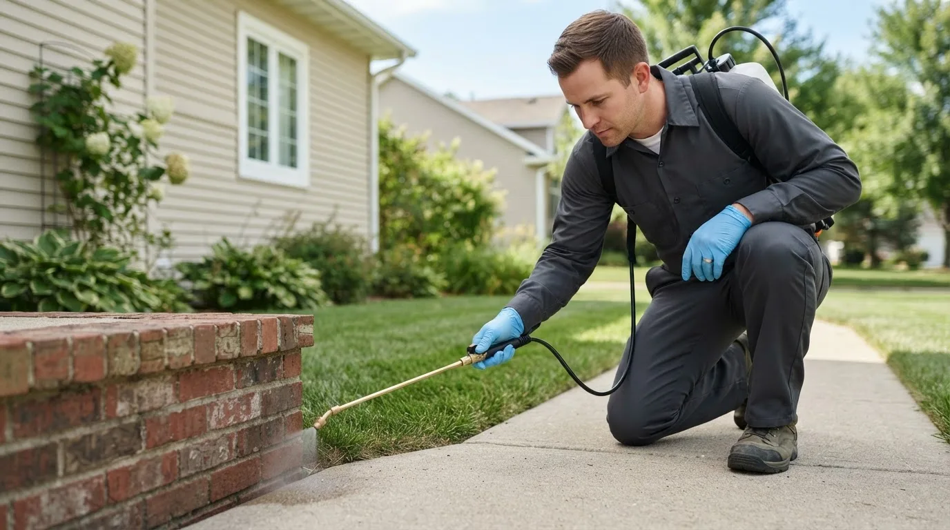 Pest control technician treating a home near Mosheim, TN